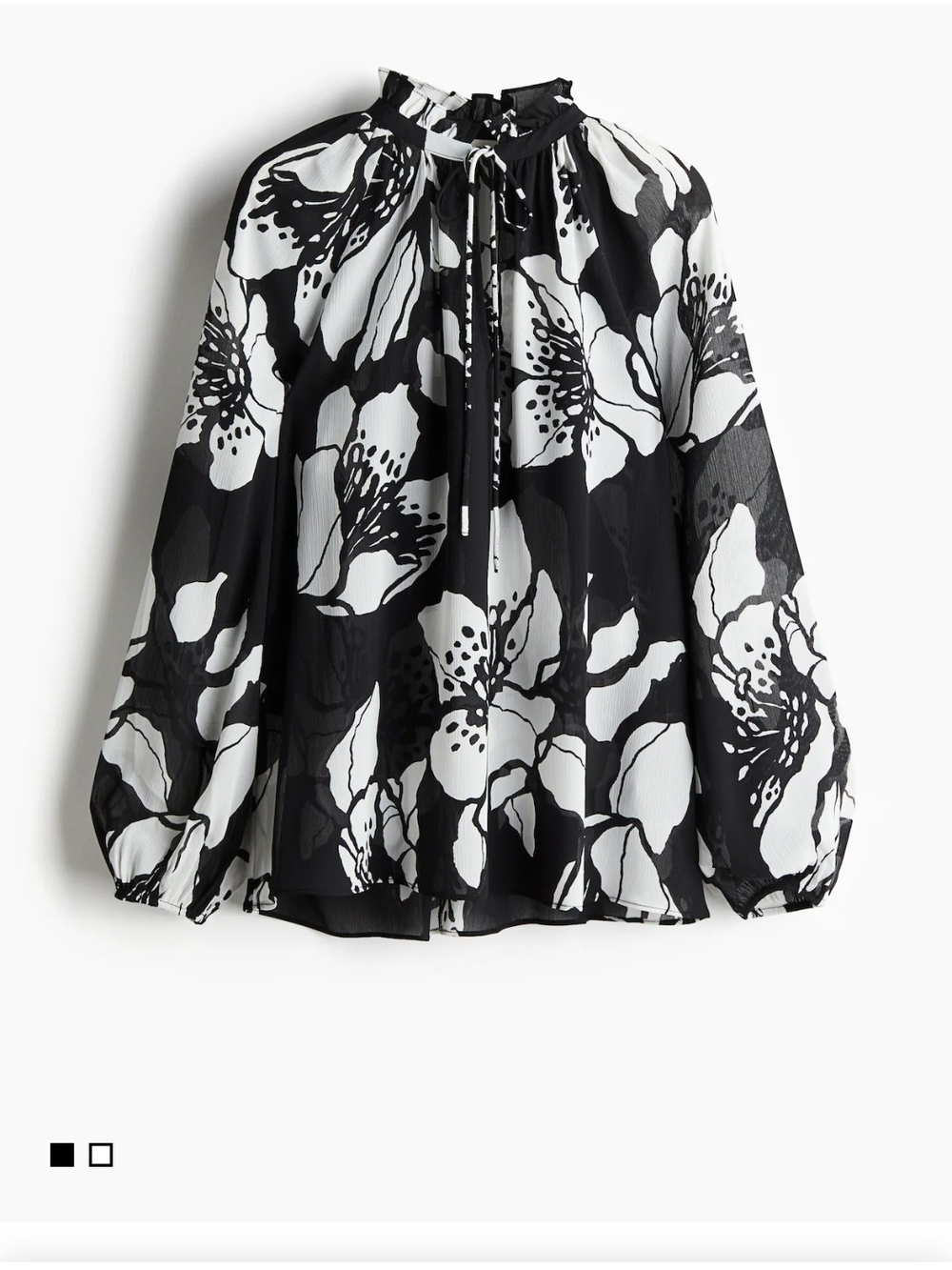 H&M Black & White Floral Tie-Neck Blouse  Size Small